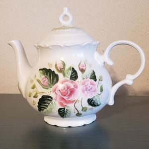 Vintage Large Handpainted Ceramic Teapot Floral Pink Rose Motif Collector Gift